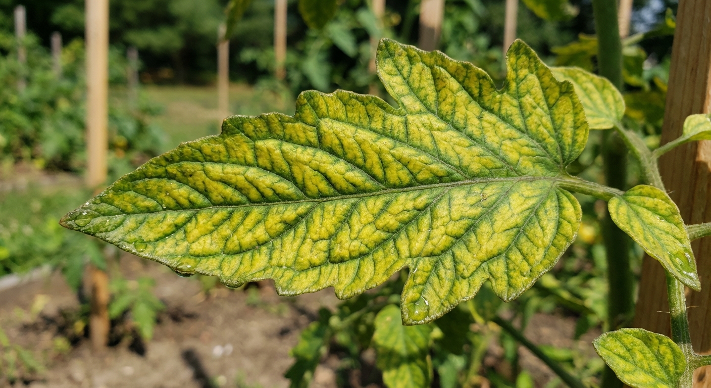 A close-up real photograph of a tomato plant leaf showing interveinal yellowing with green veins forming a fishbone pattern on an older leaf, outdoor garden background
