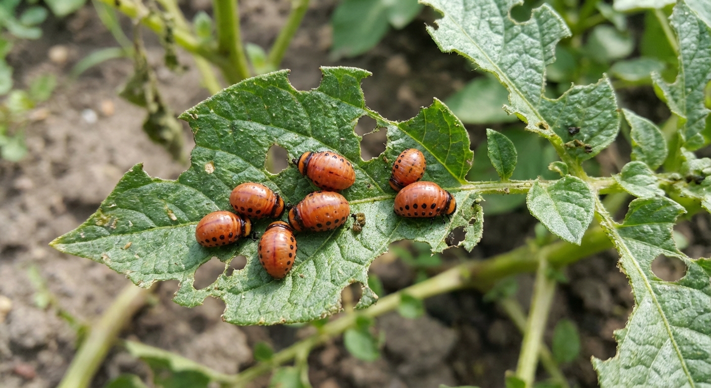 A close-up real photograph of several orange-red Colorado potato beetle larvae with black spots feeding on a potato plant leaf, showing chewed edges and holes