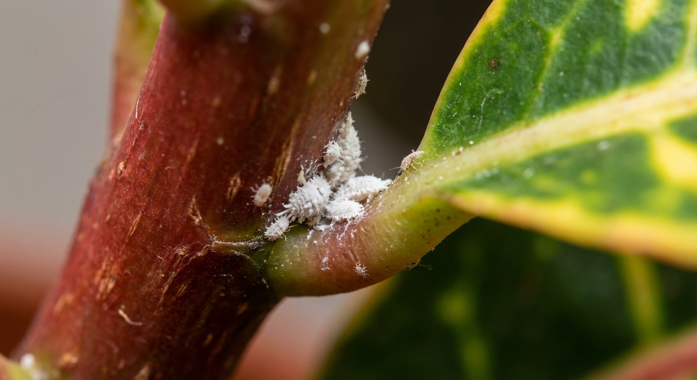 A close-up realistic photo of a croton stem and leaf joint showing small white cottony mealybugs clustered in the crevice, sharp macro detail, natural indoor light
