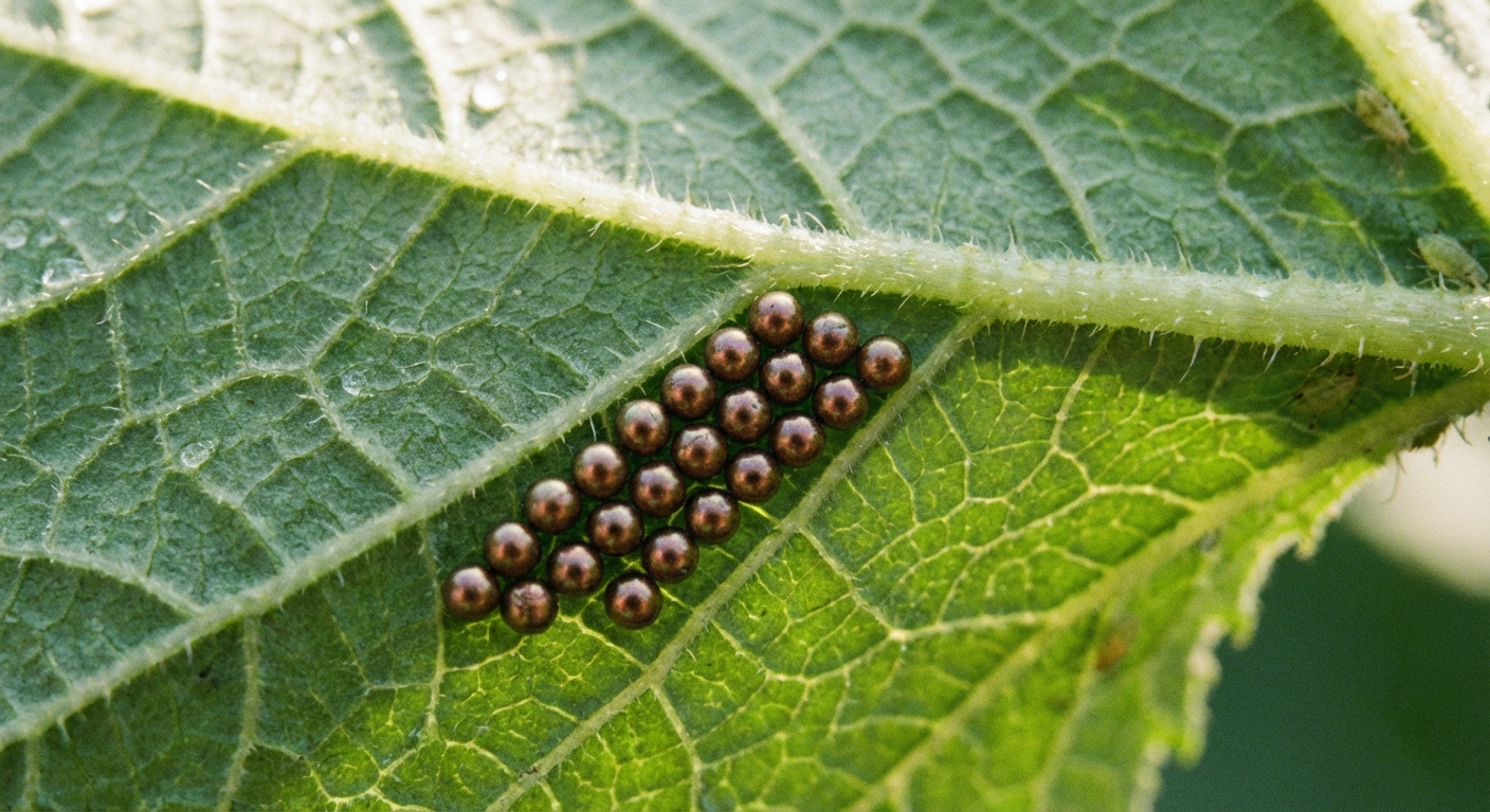 A crisp macro photograph of a cluster of bronze-colored squash bug eggs attached to the underside of a squash leaf along the leaf veins, natural outdoor lighting
