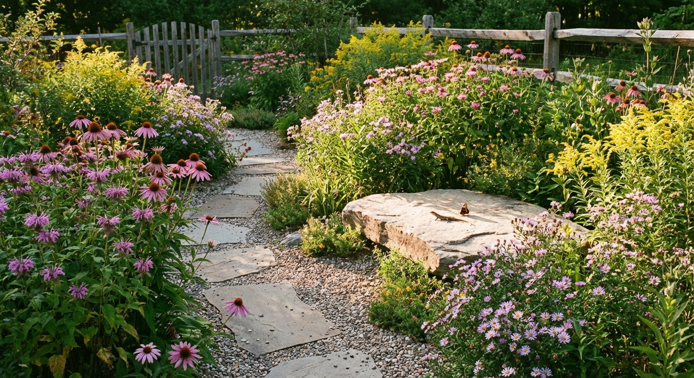 A curved garden path beside dense clusters of native flowers with a small stone basking spot in full sun