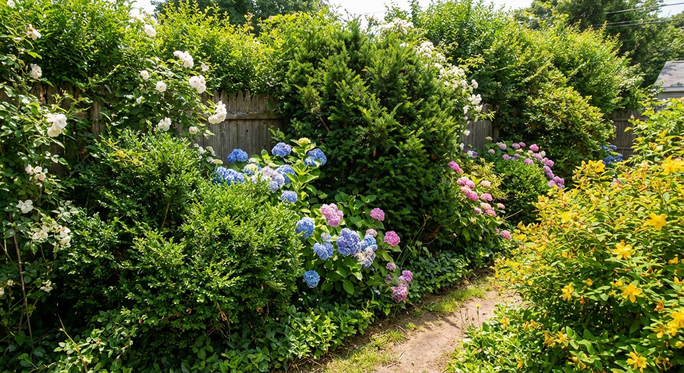 A dense backyard hedge with mixed flowering shrubs and evergreen structure in mid-summer