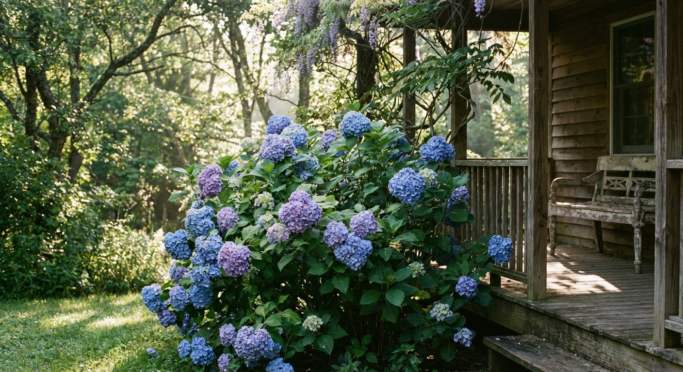 A flowering hydrangea shrub with large mophead blooms growing beside a shaded porch with filtered morning light, photorealistic garden photography