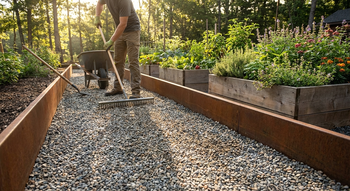 A fresh gravel garden path being raked smooth between metal edging beside raised planting beds on a sunny day