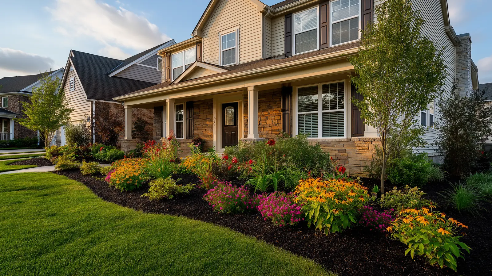 A front foundation bed with layered evergreen shrubs and a dark mulch edge along a light-colored house