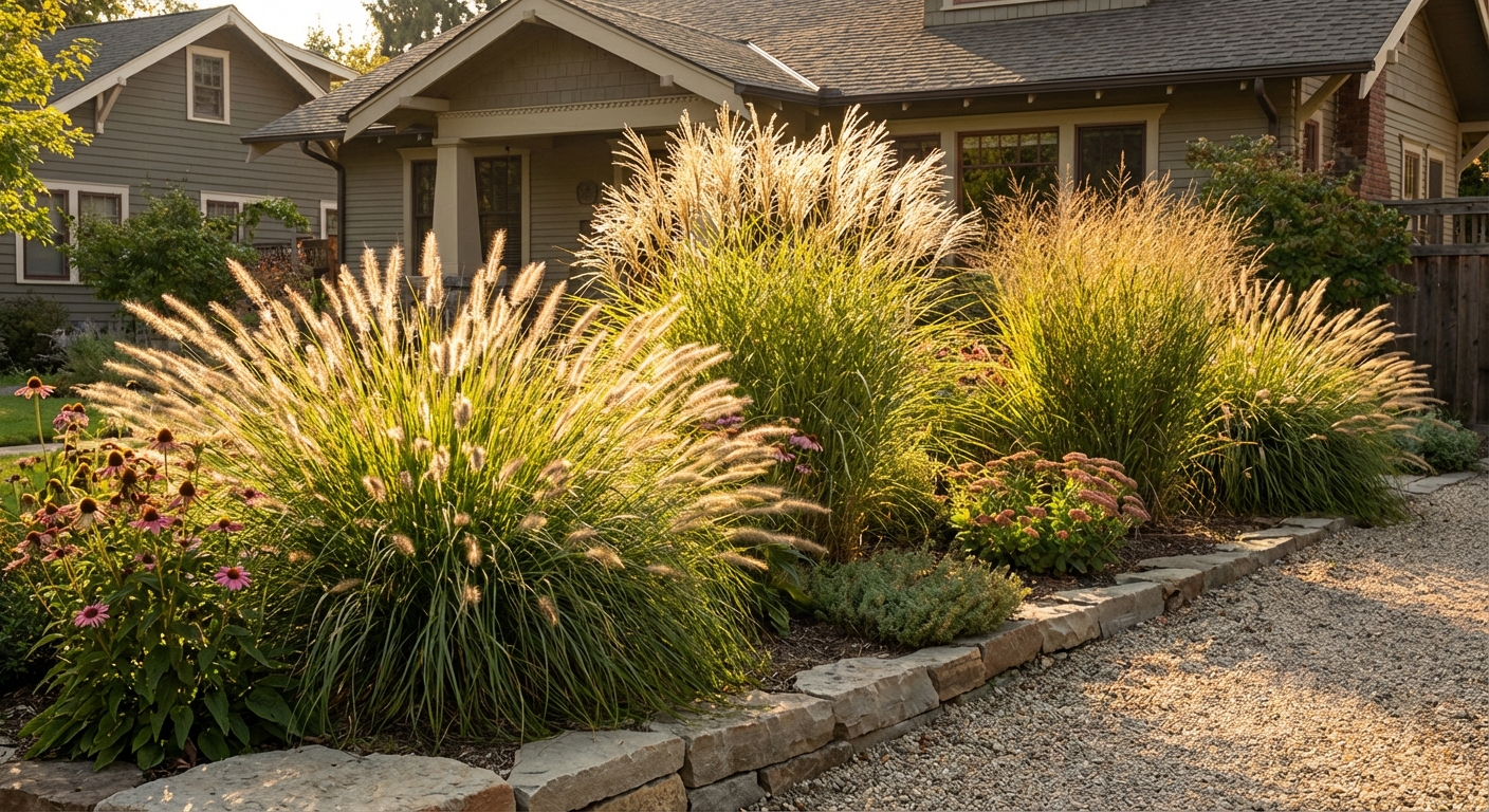 A front yard planting bed with clumps of ornamental grasses catching warm afternoon light