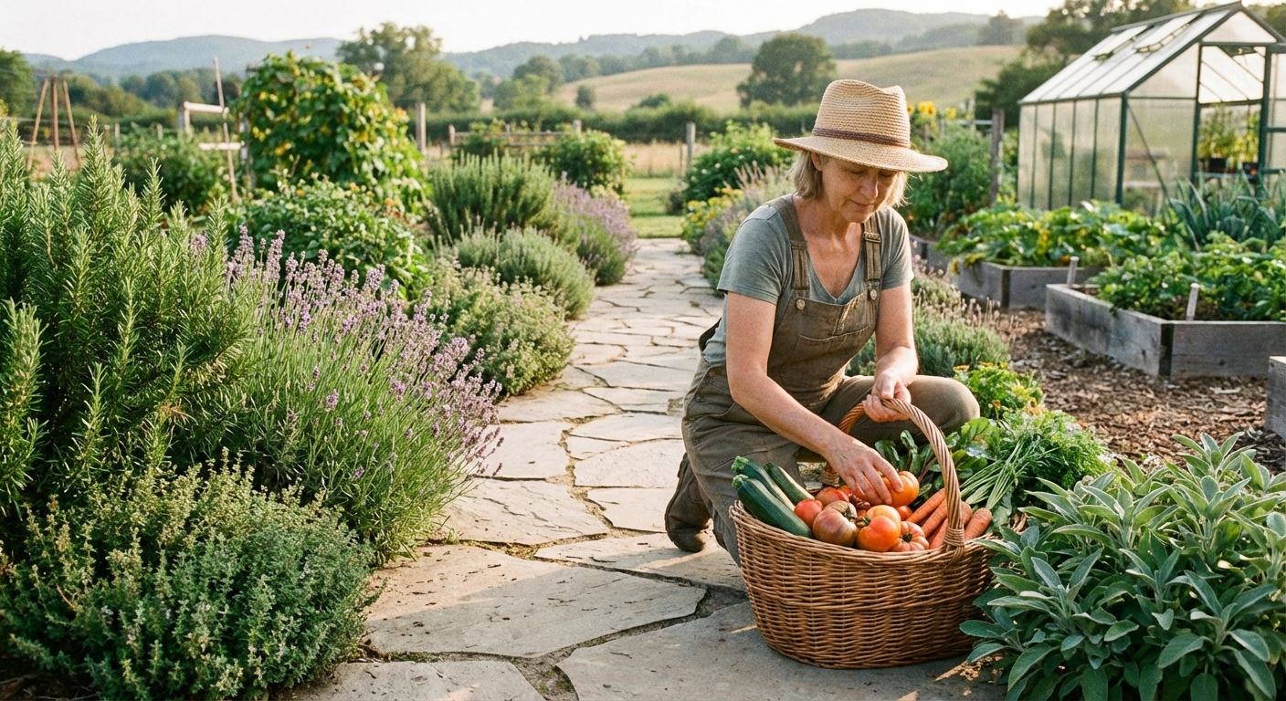 A gardener harvesting a basket of mixed vegetables beside a tidy garden path lined with herbs