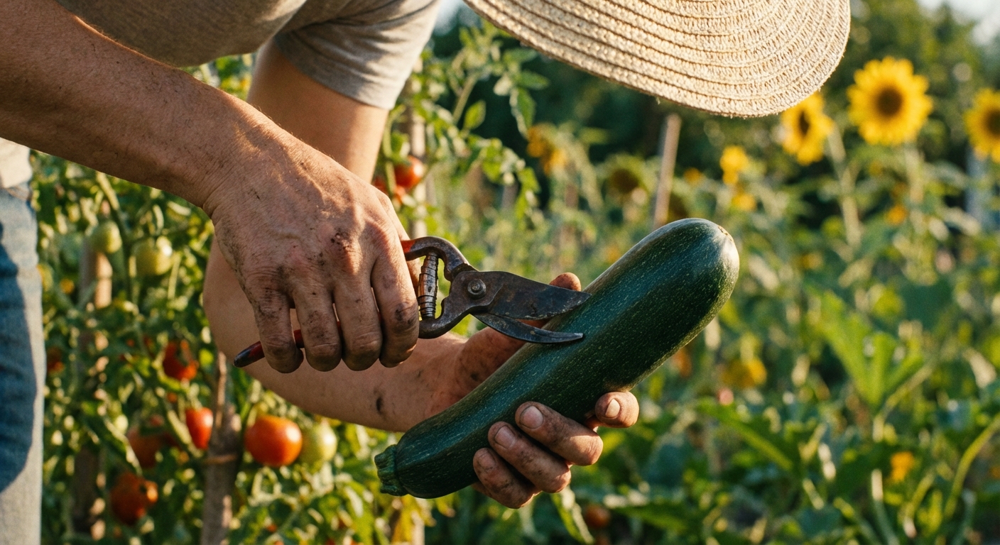 A gardener harvesting a medium-sized zucchini with hand pruners, cutting the stem above the fruit in a sunlit vegetable garden, shallow depth of field, photorealistic