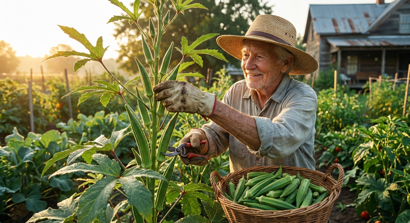 A gardener harvesting okra pods from a tall okra plant on a warm summer morning
