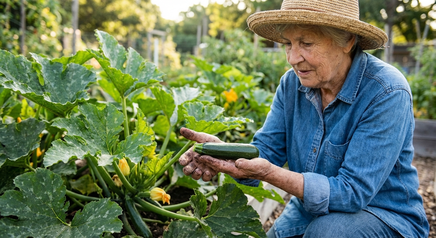 A gardener holding a freshly picked small zucchini in one hand beside a zucchini plant with large green leaves