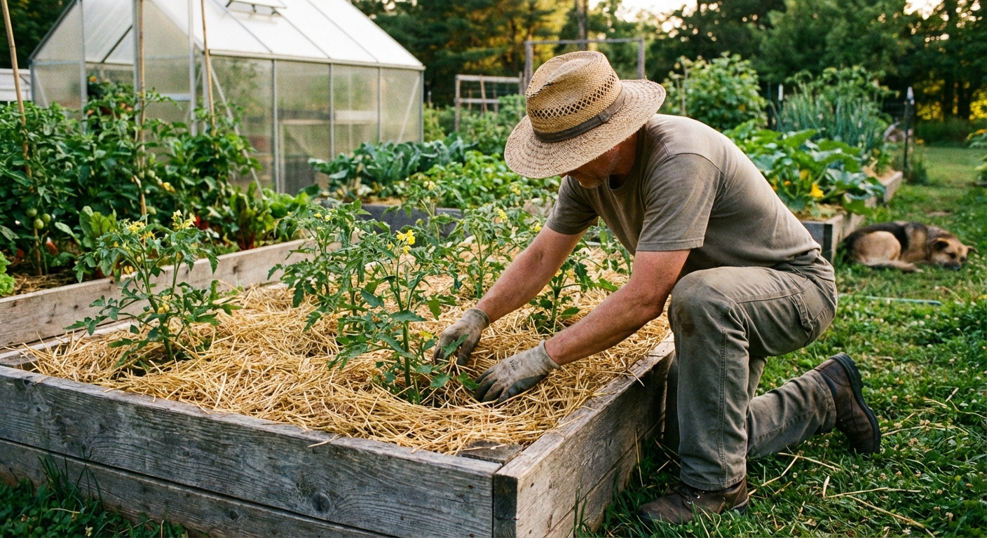A gardener kneeling beside a raised bed, tucking straw mulch around young tomato plants