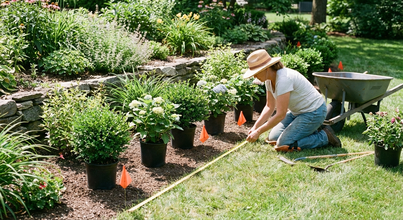 A gardener laying out staggered shrubs with a tape measure and small flags along a backyard border