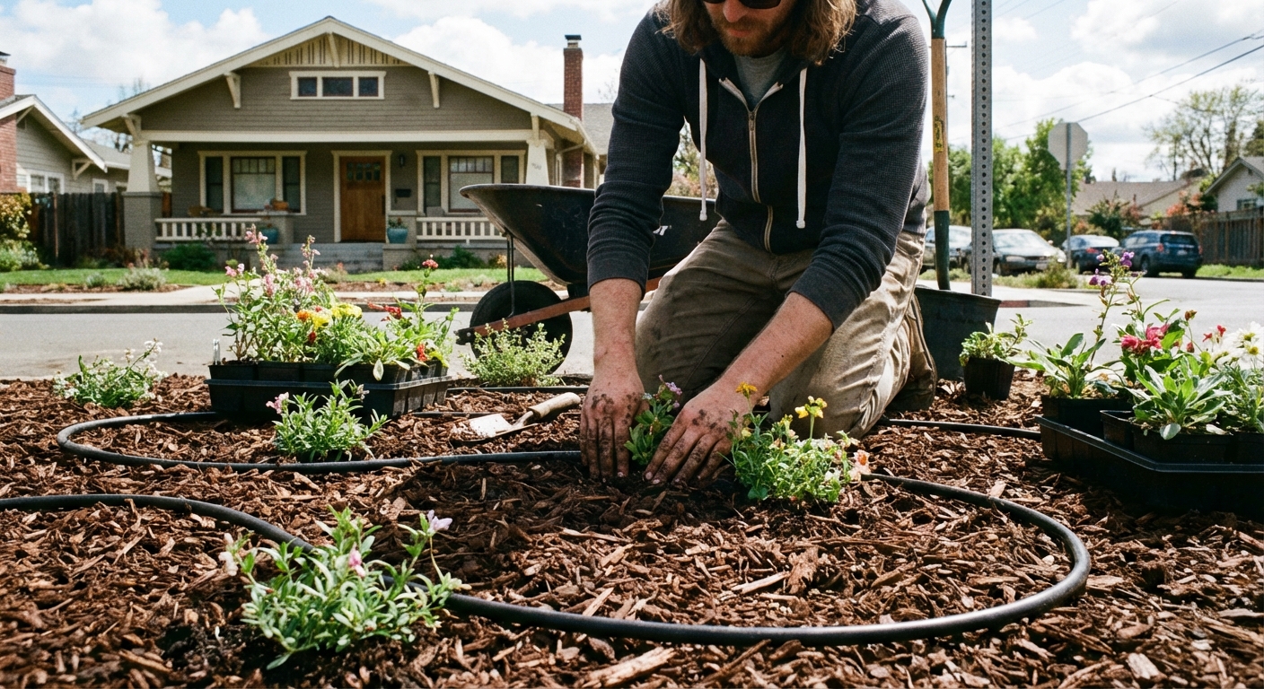 A gardener placing small nursery plants into a freshly mulched front yard bed with drip irrigation tubing visible