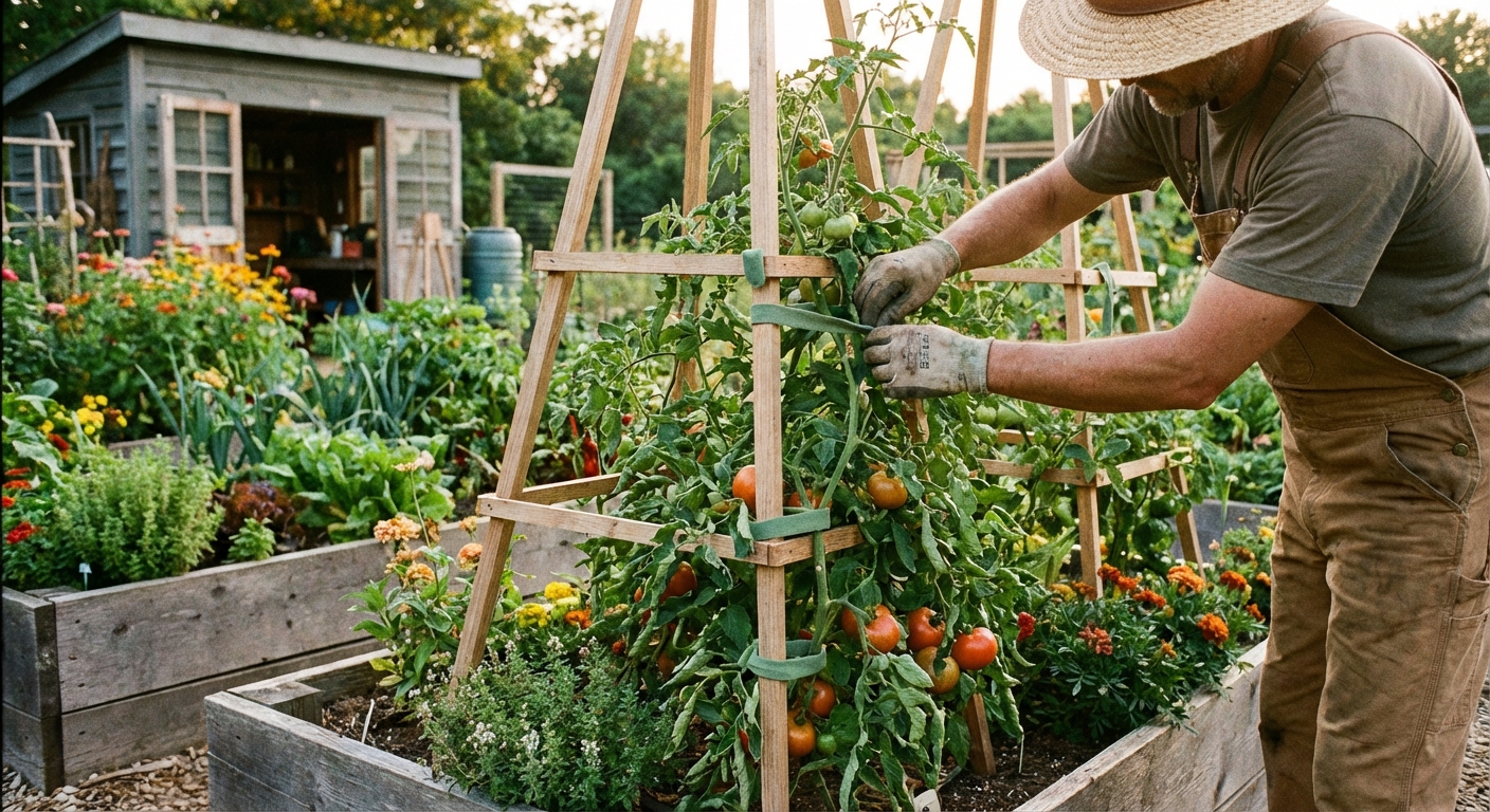 A gardener tying a tall tomato vine to a vertical trellis with soft plant ties in a raised bed
