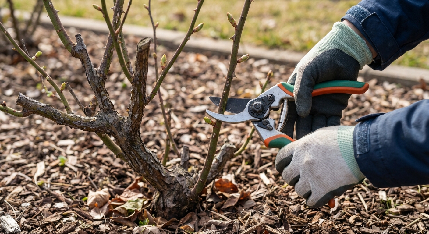 A gardener using clean hand pruners to cut a rose cane just above an outward-facing bud, with the rose bush in early spring and bare branches in natural daylight
