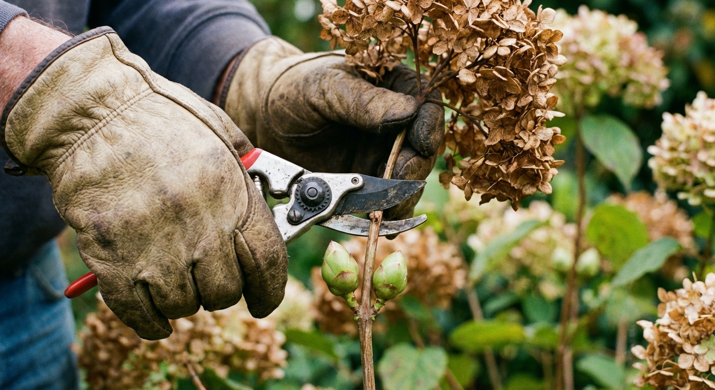 A gardener using hand pruners to remove a spent hydrangea bloom above a pair of healthy buds, close-up, photorealistic