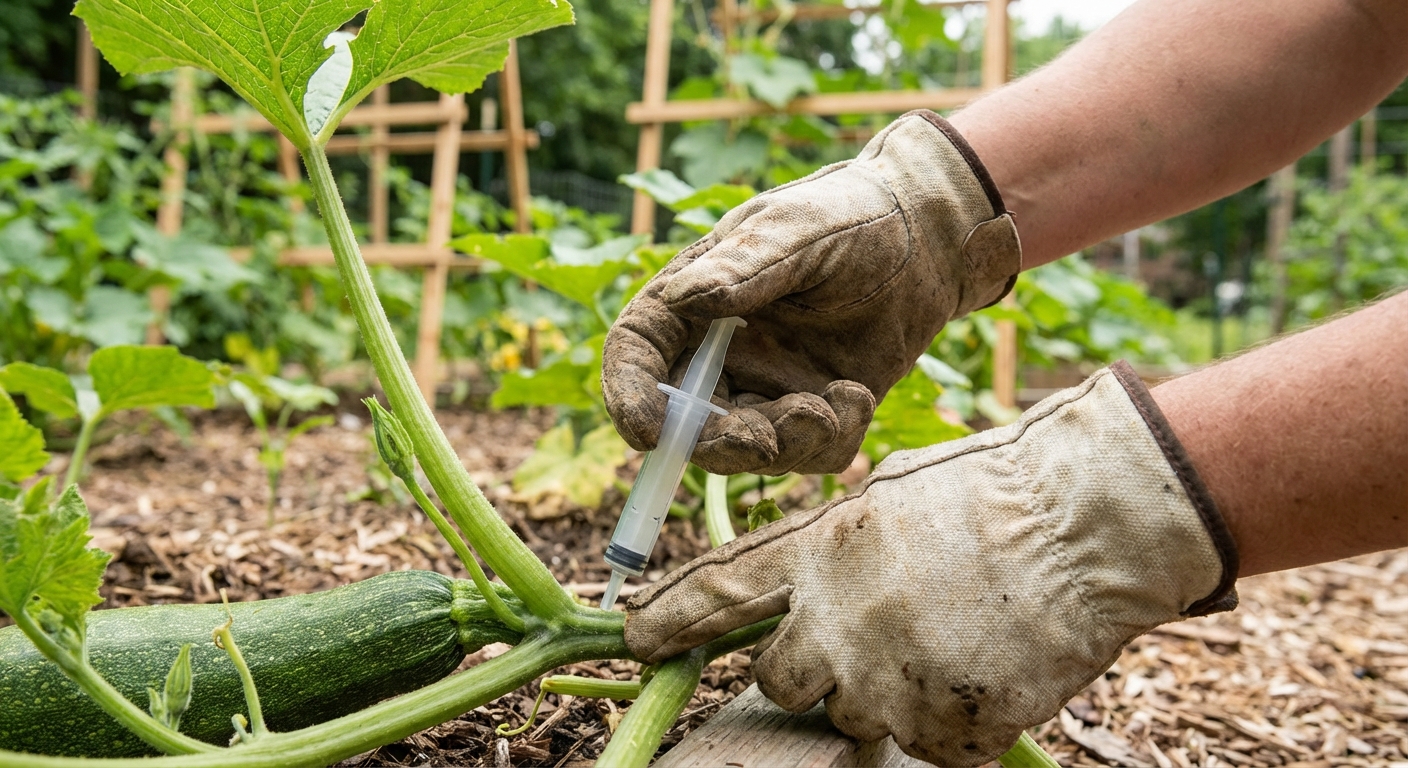A gardener’s gloved hands gently injecting a squash vine stem near the base with a small syringe in a backyard garden, shallow depth of field, natural light