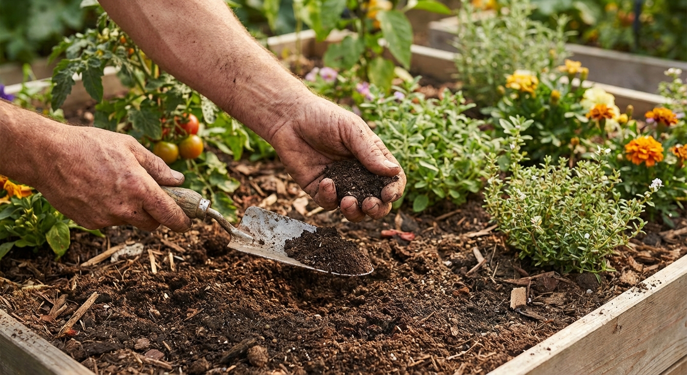 A gardener's hands holding a small trowel and examining soil texture in a garden bed