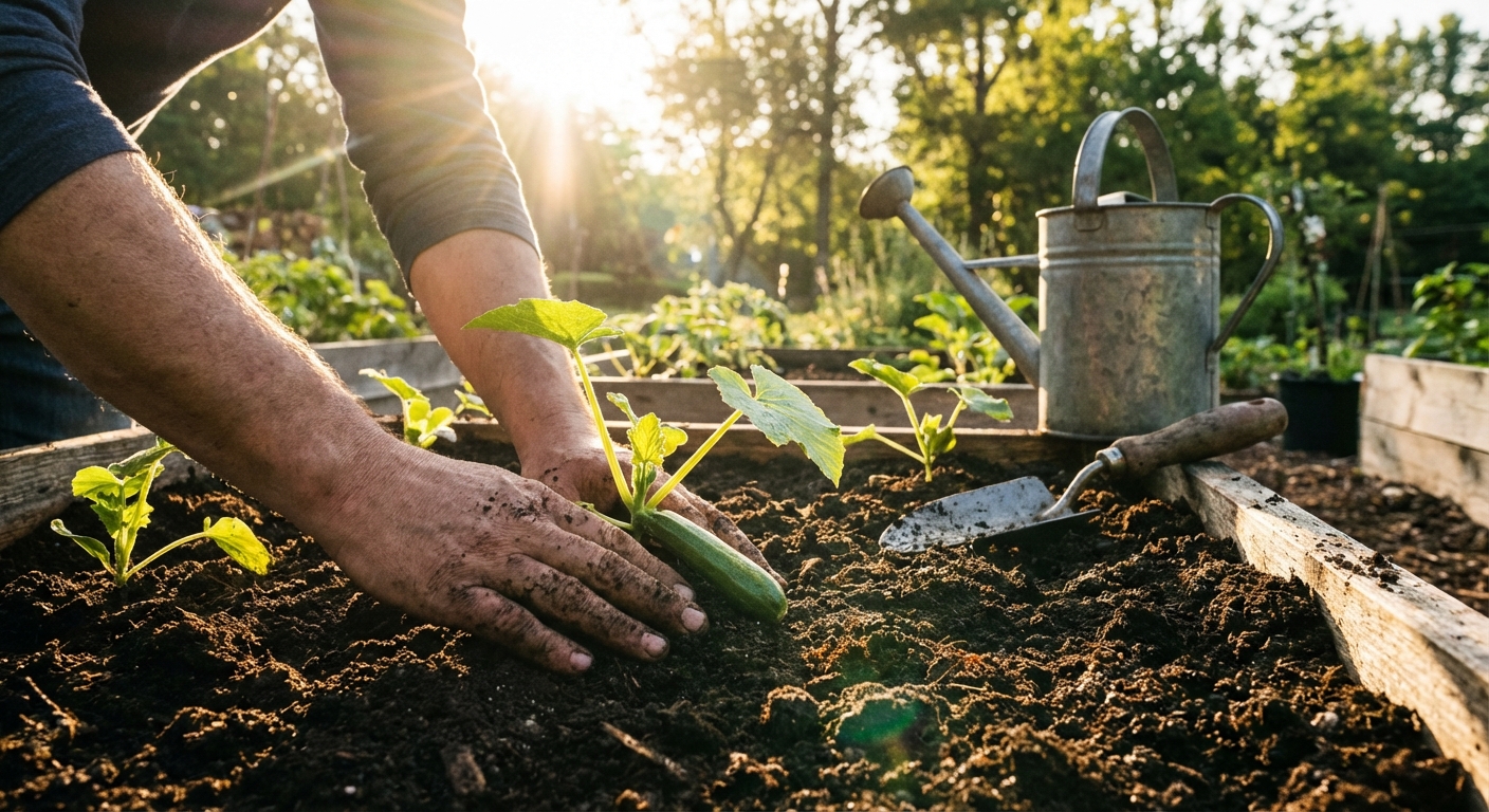 A gardener's hands planting zucchini seedlings into dark compost-rich soil in a raised garden bed, with a watering can nearby, bright morning light, photorealistic