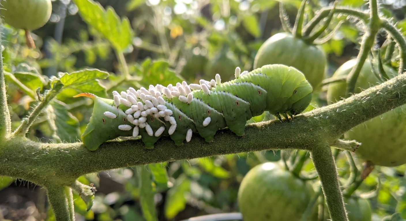 A green hornworm on a tomato stem with multiple small white cocoon clusters attached to its back, sharp close-up photo in a garden setting