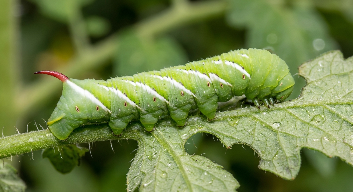 A green tobacco hornworm caterpillar on a tomato leaf showing diagonal white side stripes and a red horn on the rear, sharp macro photo outdoors