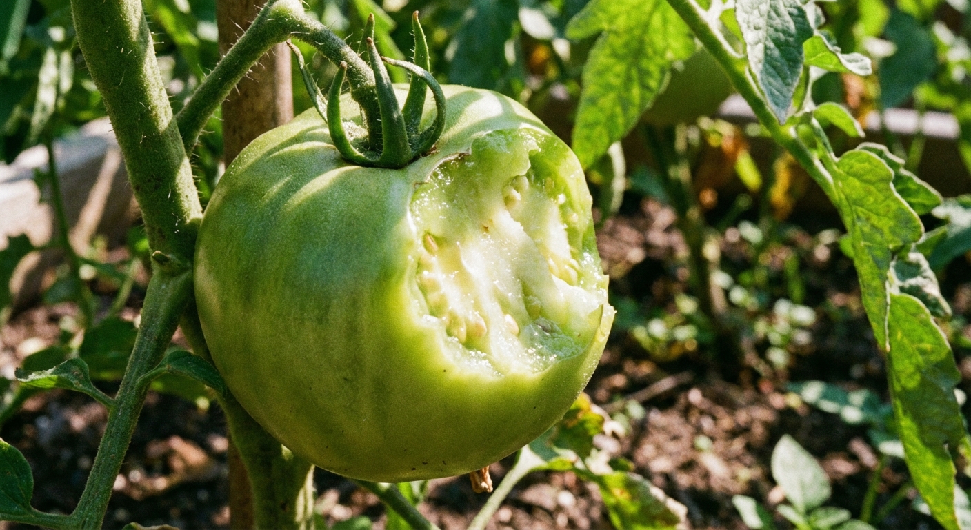 A green tomato still on the vine showing a large fresh bite mark with exposed pale flesh, photographed in natural garden light