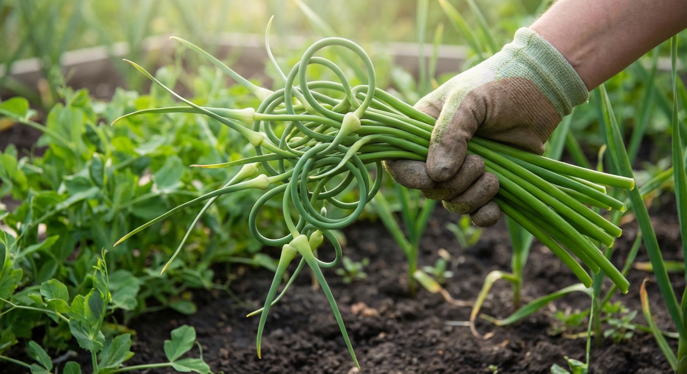 A hand holding freshly cut curly garlic scapes over a garden bed, vivid green stems in natural outdoor light, photorealistic