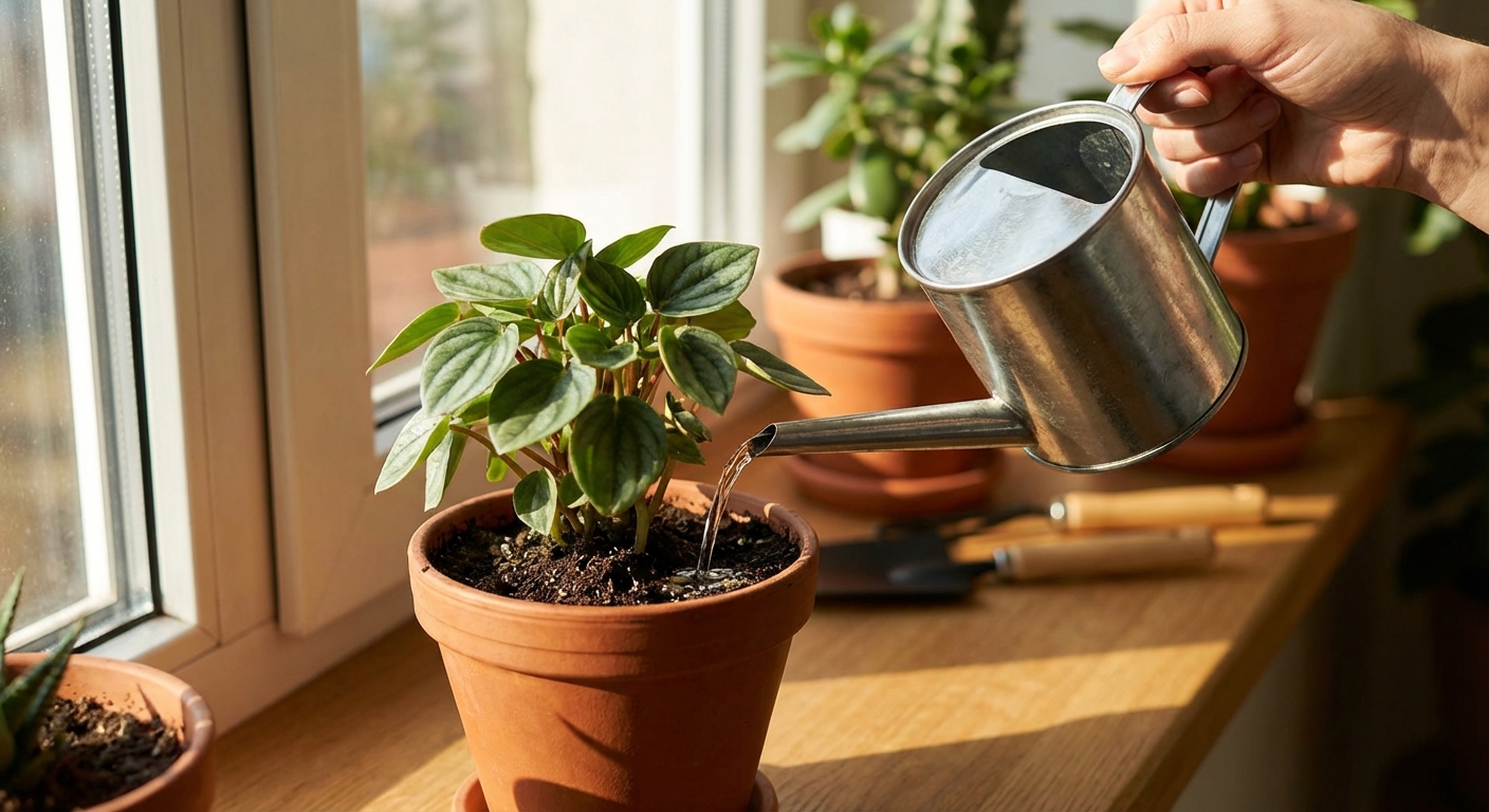 A hand watering a small peperomia in a terracotta pot with a narrow-spout watering can, water flowing into the soil near a sunny window, photorealistic
