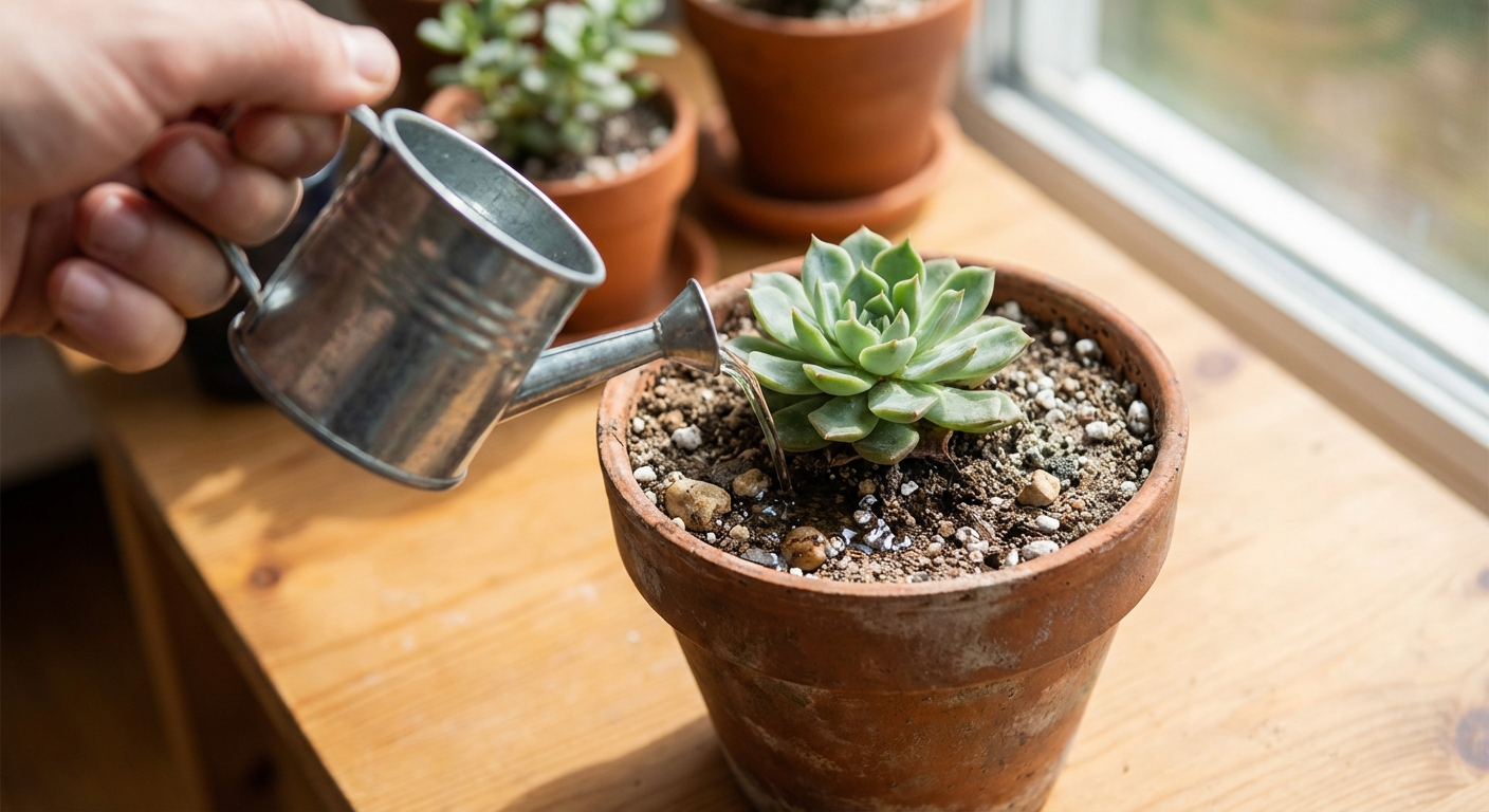 A hand watering a small terracotta pot with a succulent, water flowing onto gritty soil, close-up indoor plant care scene, photorealistic
