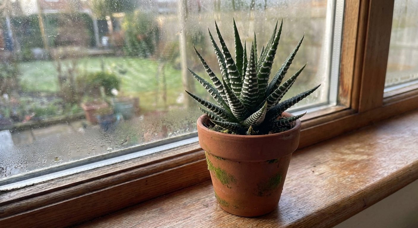 A haworthia succulent with dark green leaves and white striping in a small pot on a windowsill, soft morning light, photorealistic