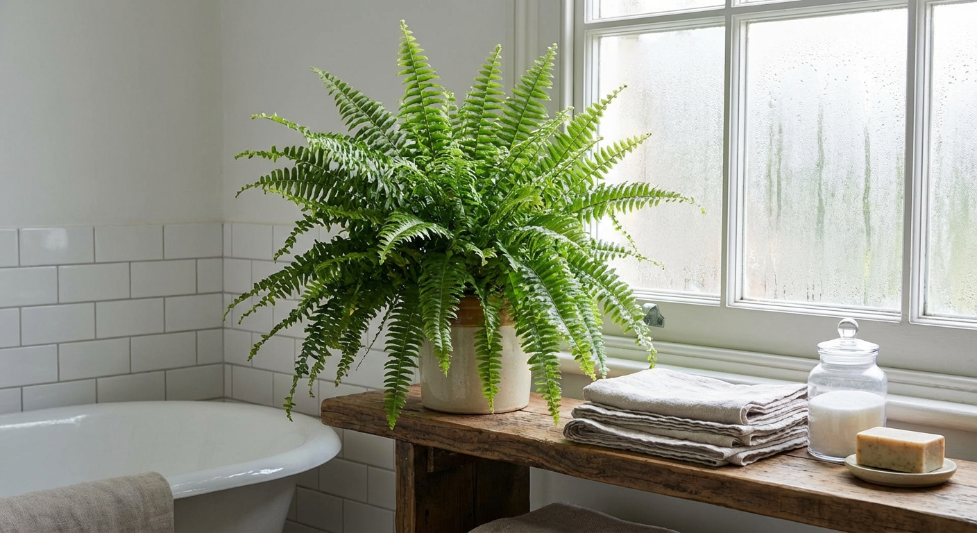 A healthy Boston fern with arching fronds sitting on a bathroom shelf near a window