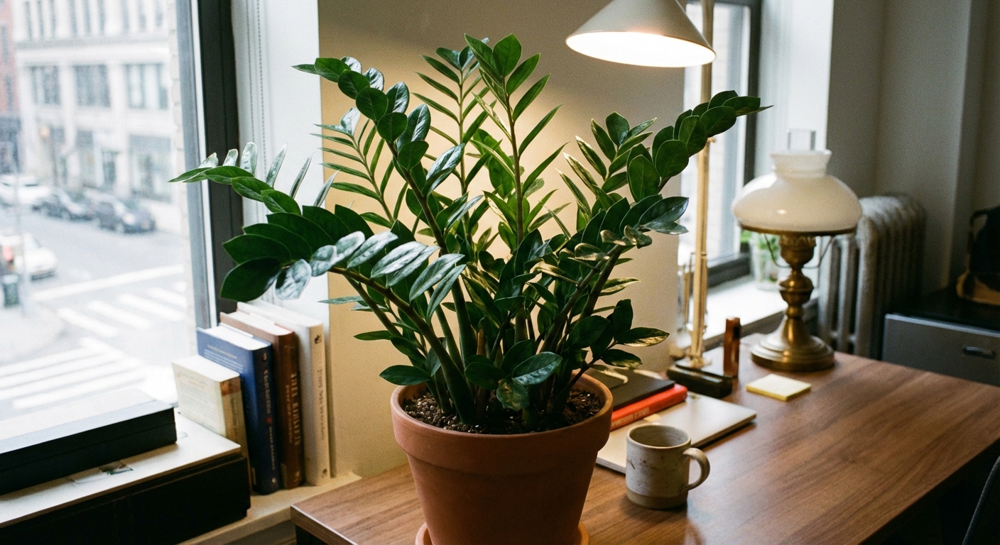 A healthy ZZ plant with glossy leaves on a desk in a softly lit office