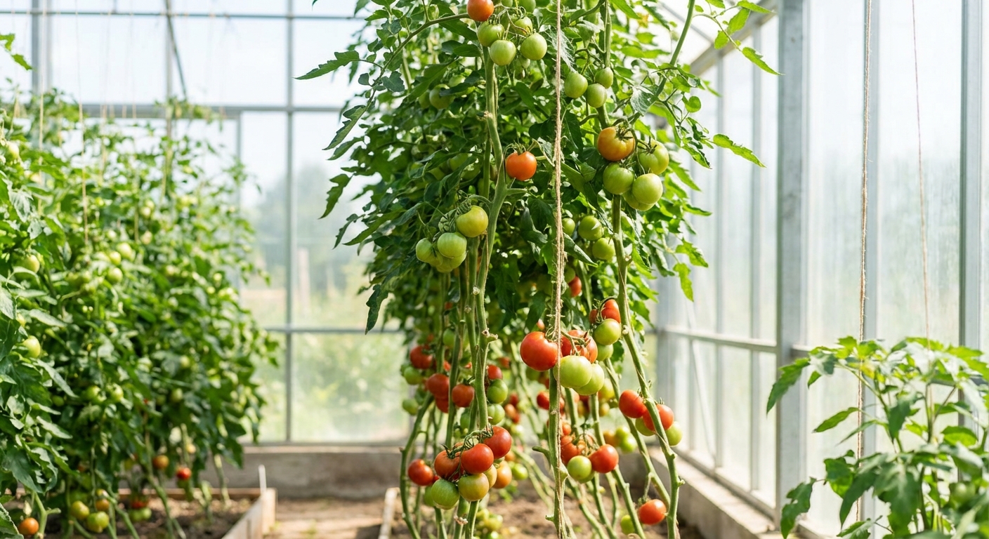 A healthy indeterminate tomato plant trained up a vertical string trellis in a greenhouse with trimmed lower leaves