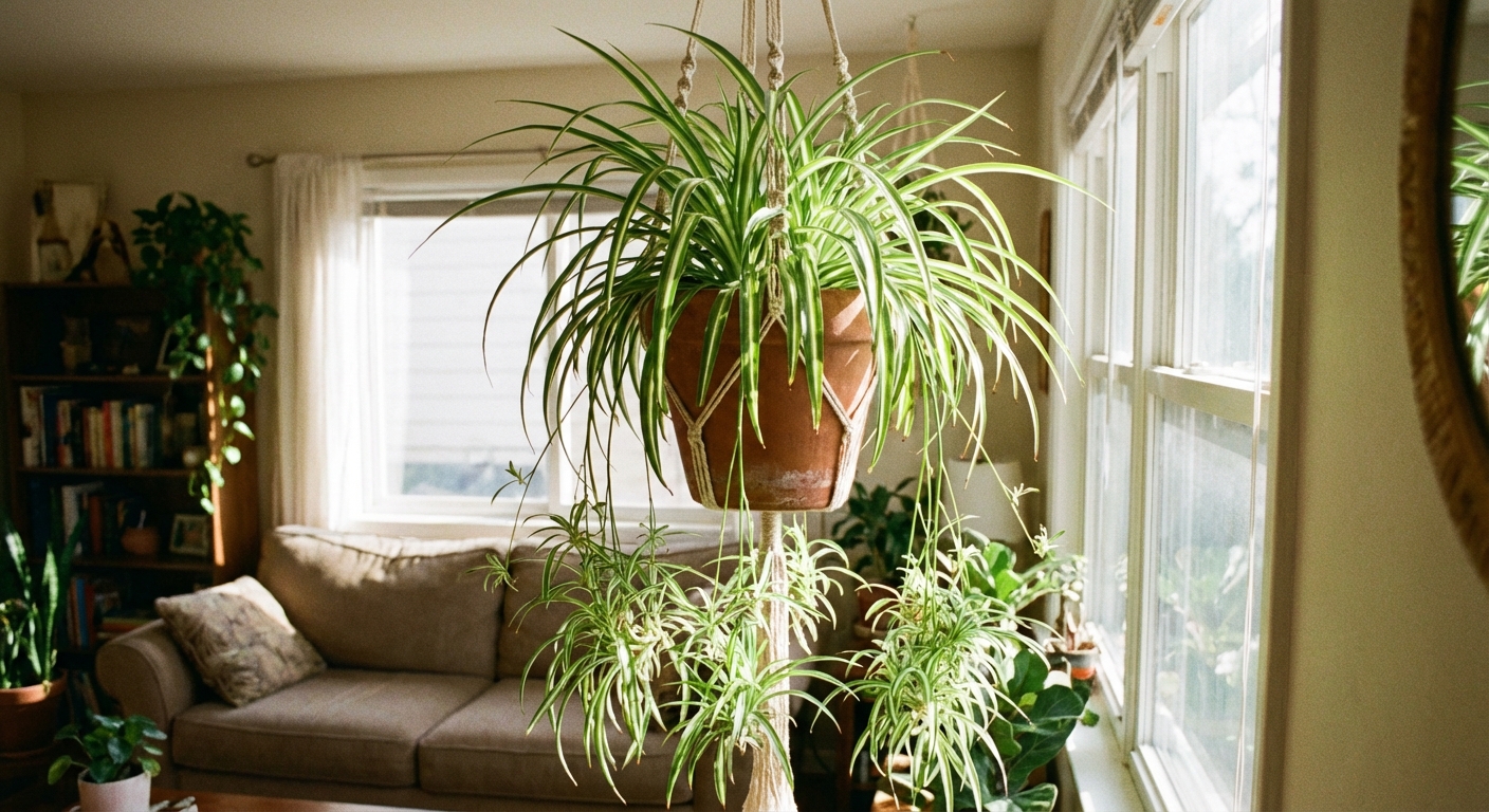 A healthy spider plant cascading from a hanging pot in a bright living room