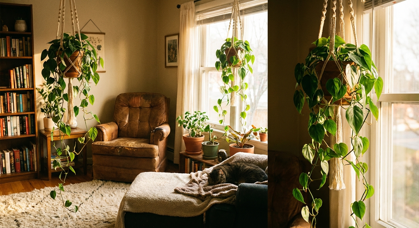 A heartleaf philodendron trailing down from a hanging planter in a cozy living room