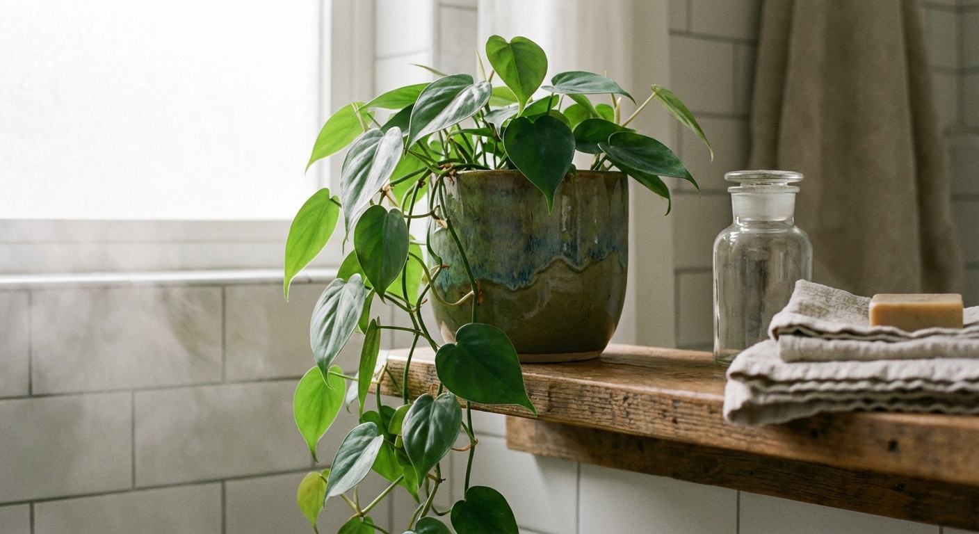 A heartleaf philodendron trailing from a ceramic pot on a bathroom shelf