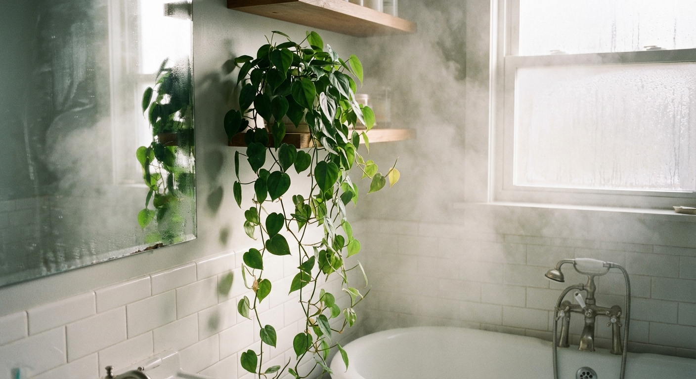 A heartleaf philodendron trailing from a shelf in a bathroom with soft steam in the air