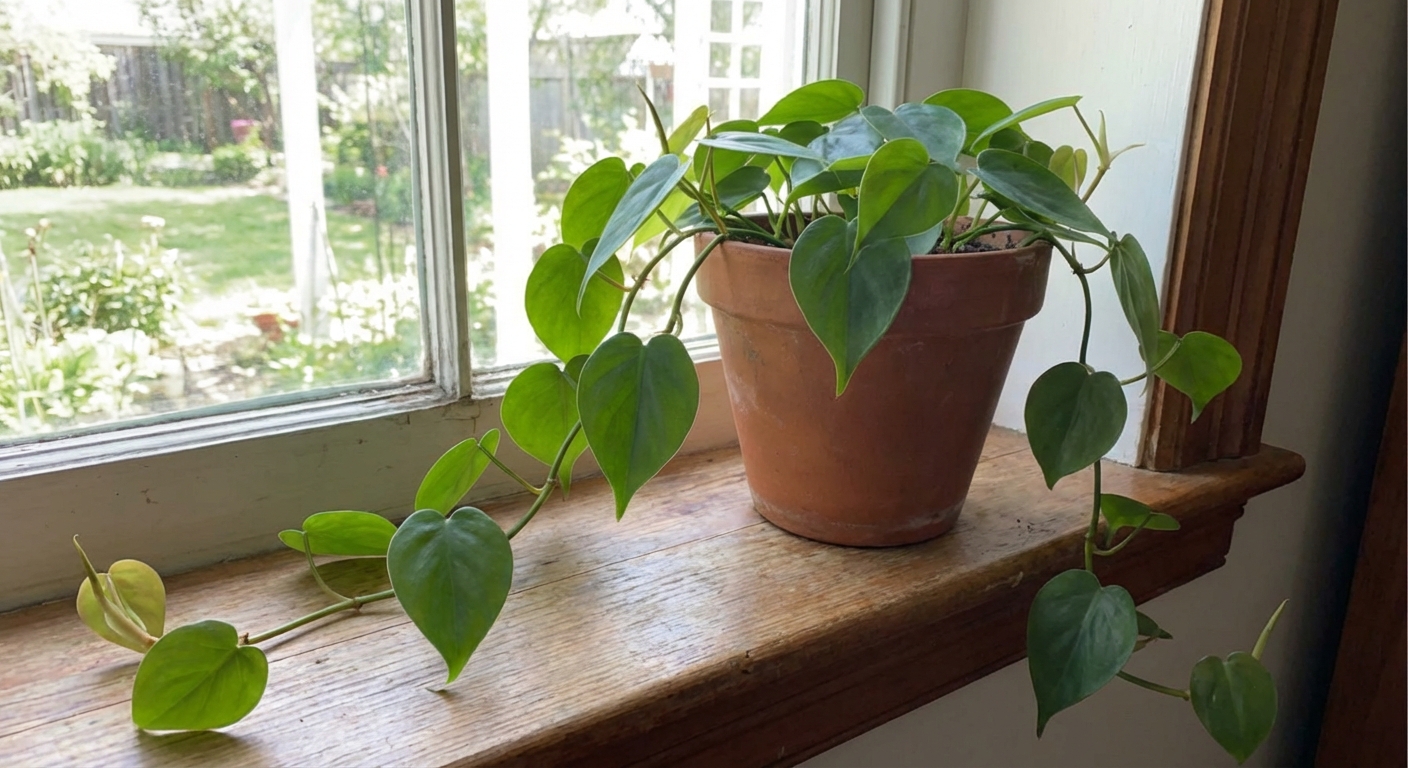 A heartleaf philodendron with trailing green vines in a simple pot on a windowsill, soft daylight, photorealistic
