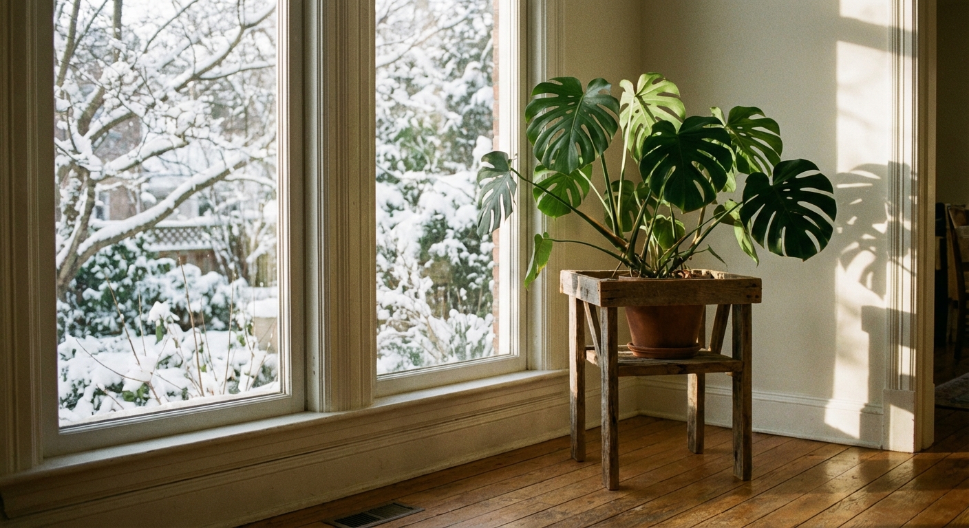 A houseplant on a small stand positioned a few inches away from a bright winter window with soft sunlight