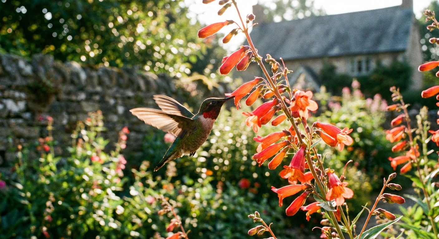 A hummingbird hovering near a cluster of bright tubular flowers in a sunny garden
