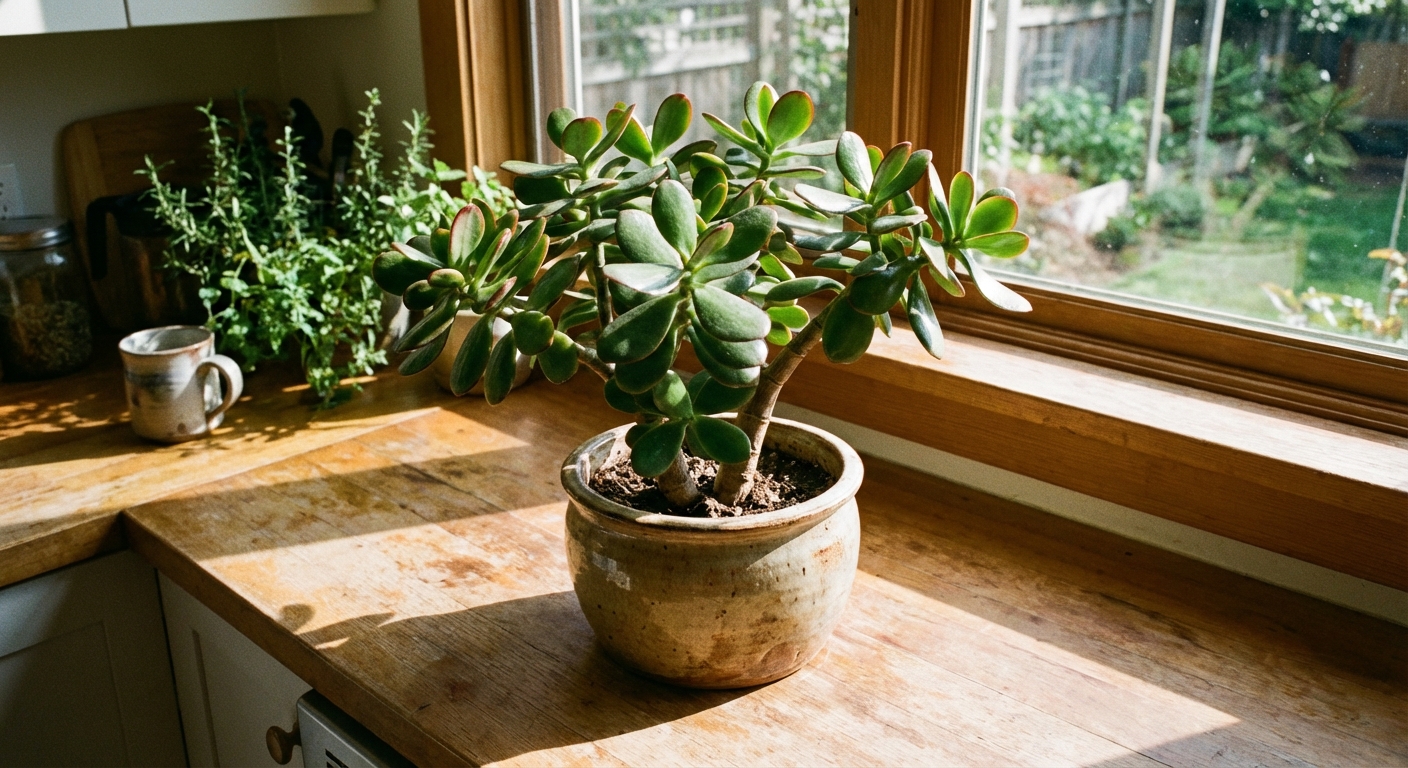 A jade plant with thick oval leaves in a simple ceramic pot on a bright kitchen counter near a sunny window, photorealistic