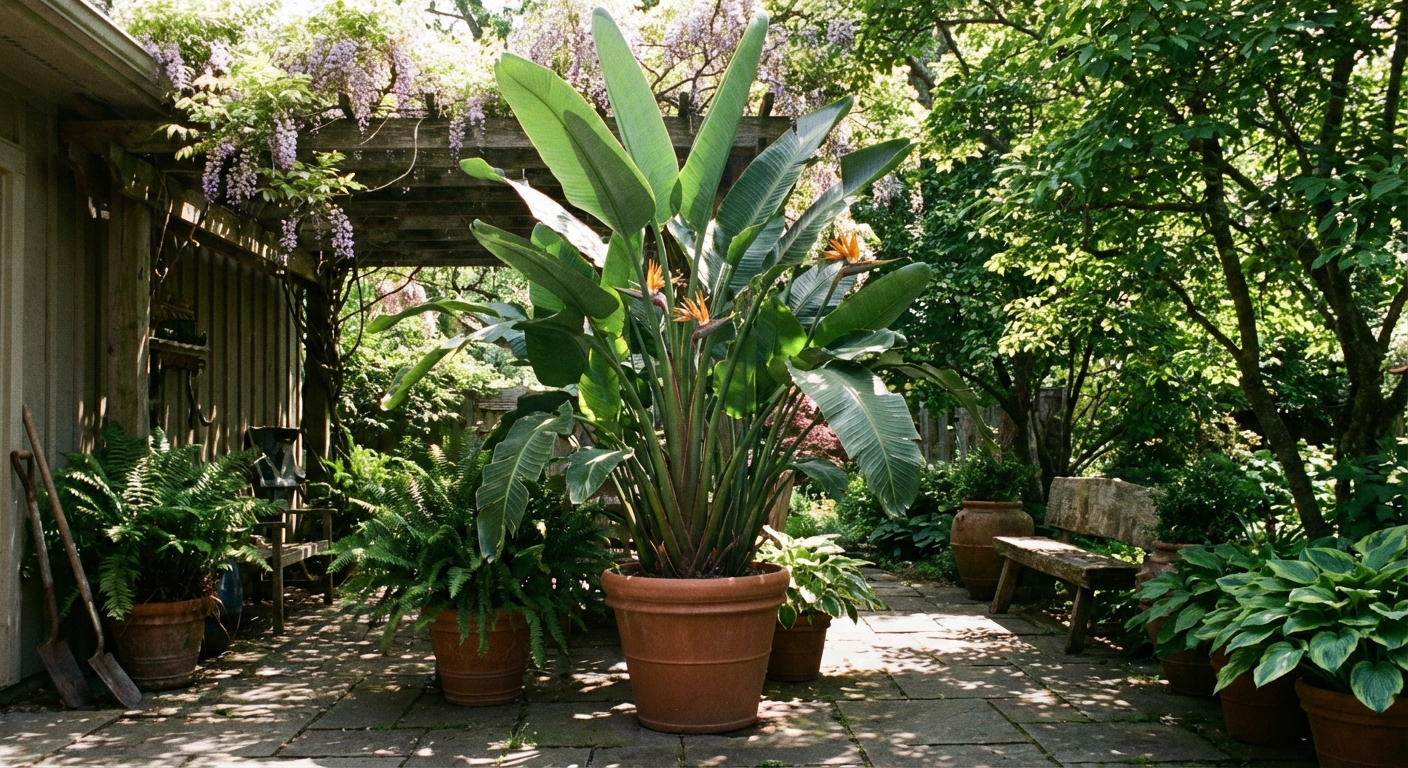A large Bird of Paradise plant in a pot on a shaded patio with dappled sunlight, outdoor summer setting, photorealistic gardening photo