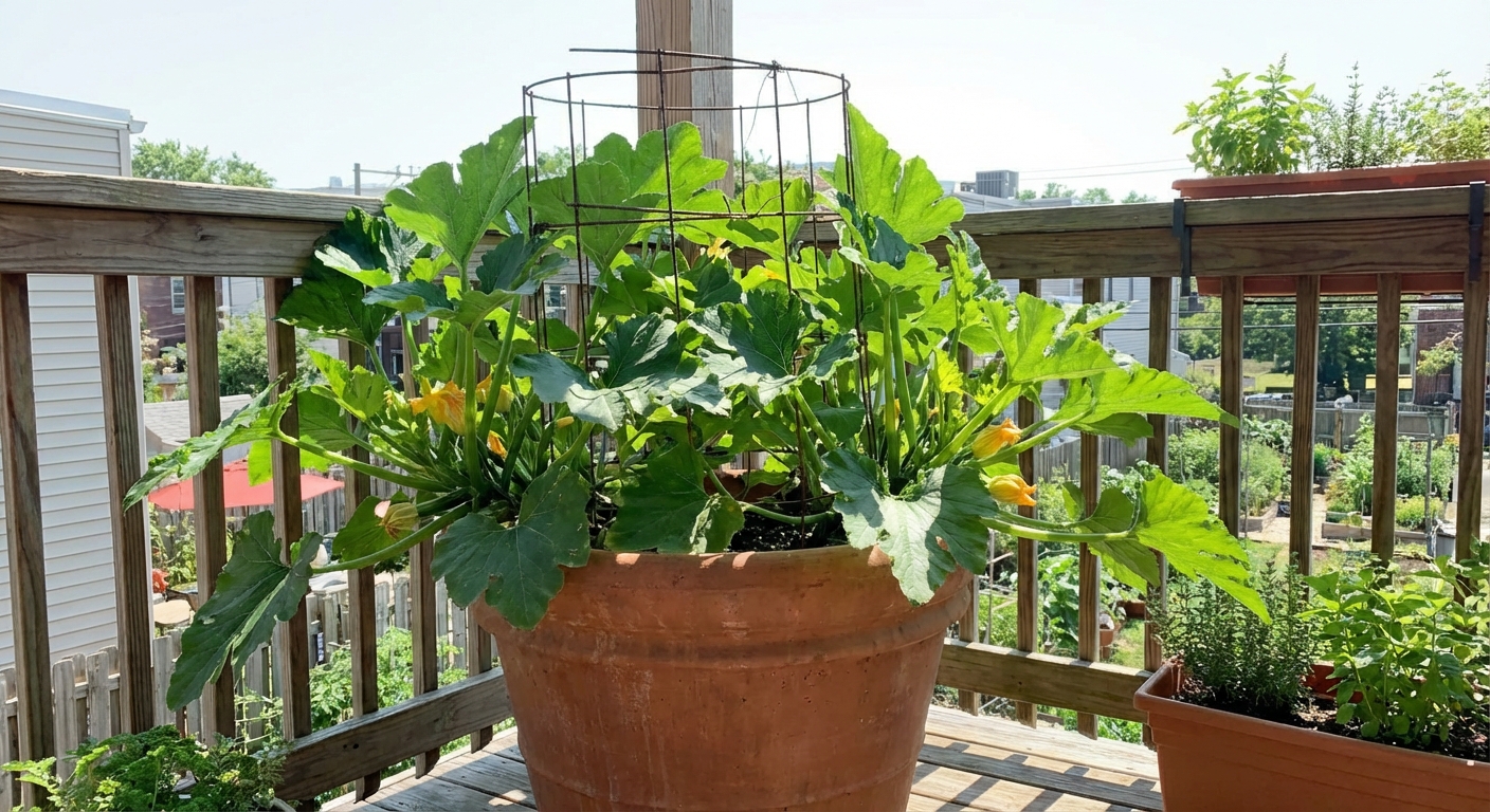 A large patio container with a thriving zucchini plant, leaves spilling over the rim, a simple metal cage for support, and a sunny balcony setting in the background, photorealistic