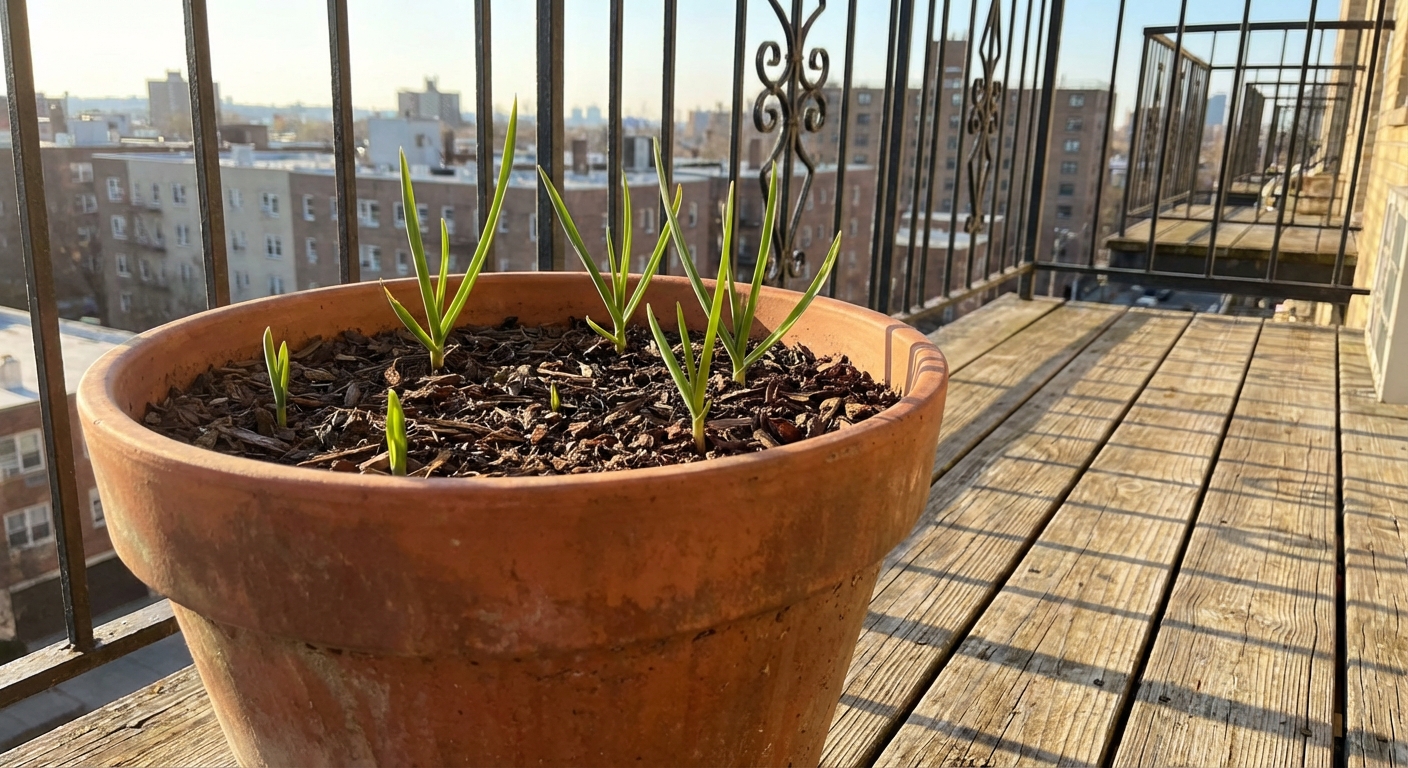 A large terracotta pot on a sunny balcony with several garlic shoots emerging from mulched soil, city railing in the background, photorealistic