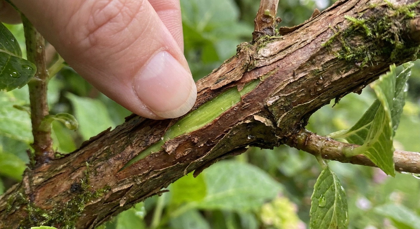A macro photo of a hydrangea stem being lightly scratched with a fingernail to reveal green living tissue under the bark, outdoor garden setting, natural light