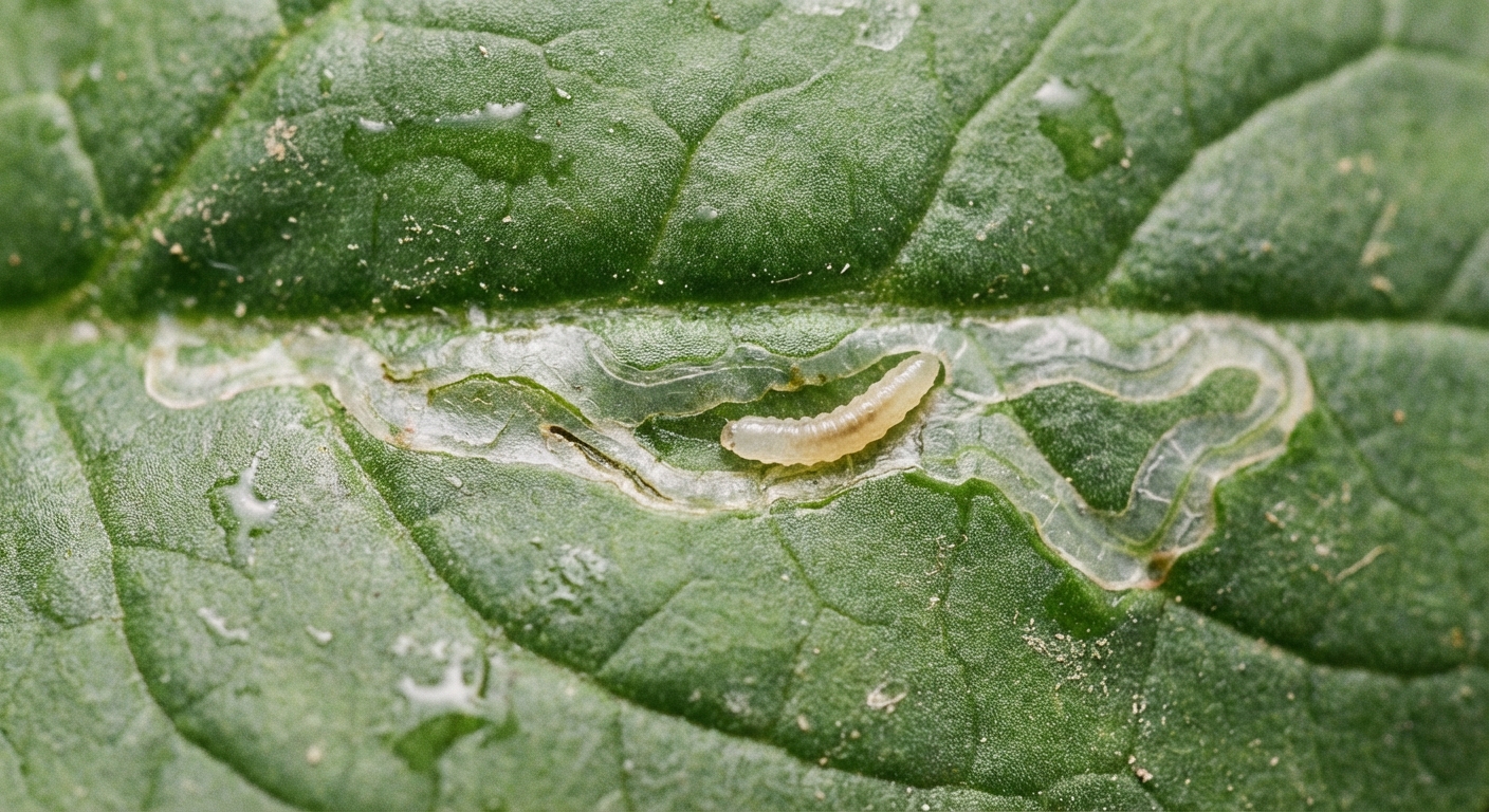 A macro real photograph of a leaf miner tunnel in a spinach leaf with a small pale larva visible inside the translucent trail, sharp focus and natural light
