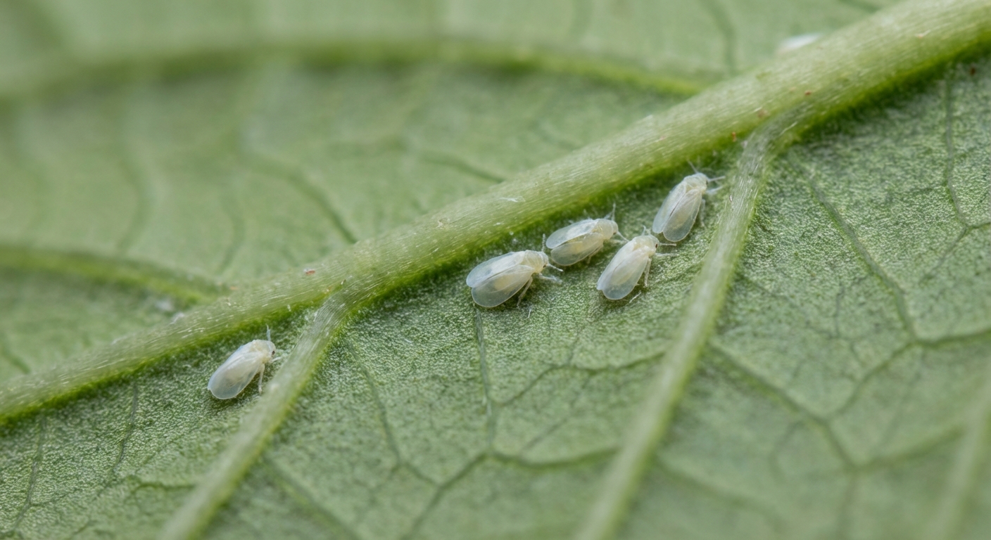 A macro-style real photograph of the underside of a plant leaf showing multiple oval, translucent whitefly nymphs attached to the surface near leaf veins, crisp focus on the insects