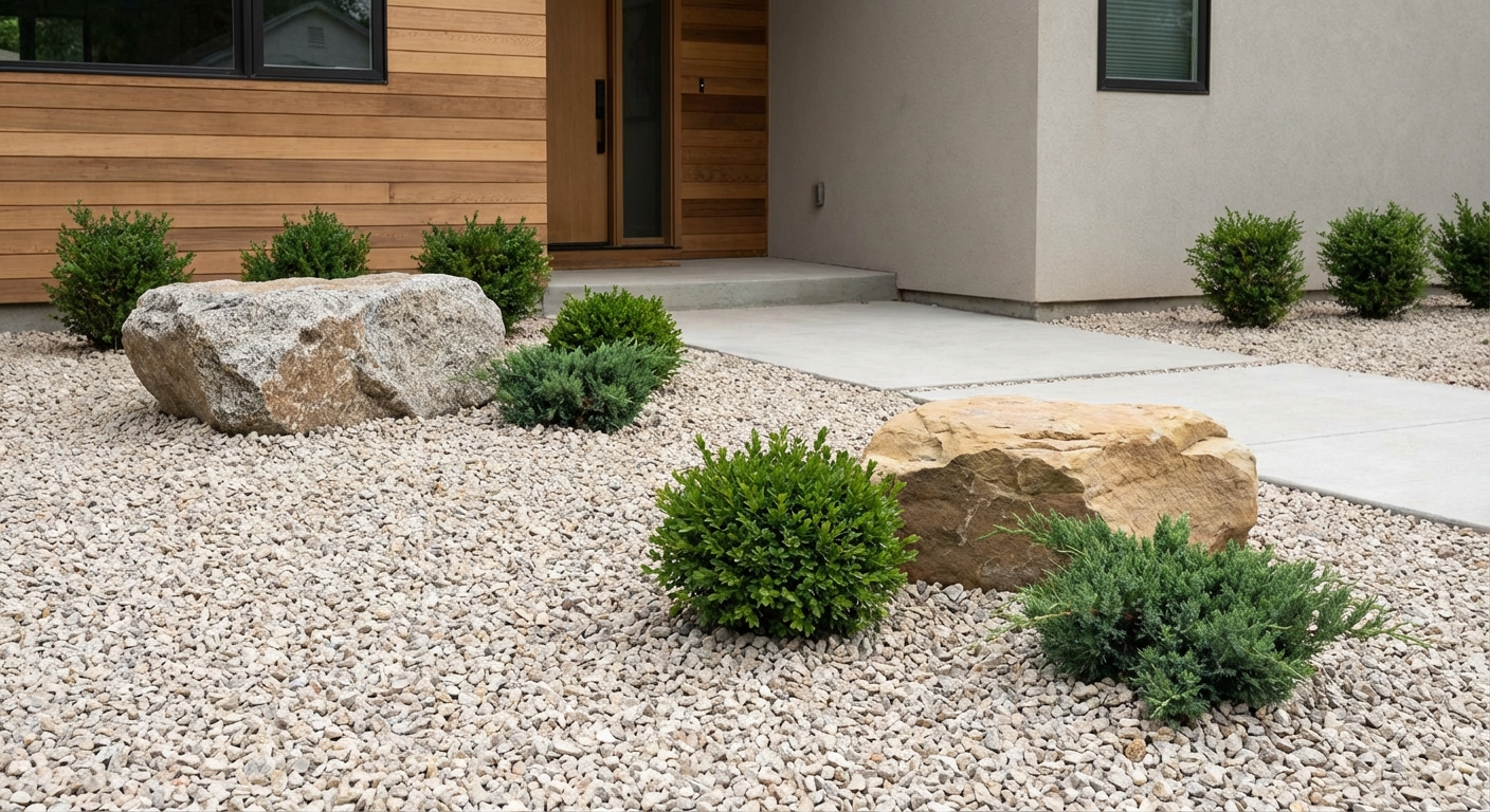 A minimalist front yard with light gravel, two large natural boulders, and compact evergreen shrubs
