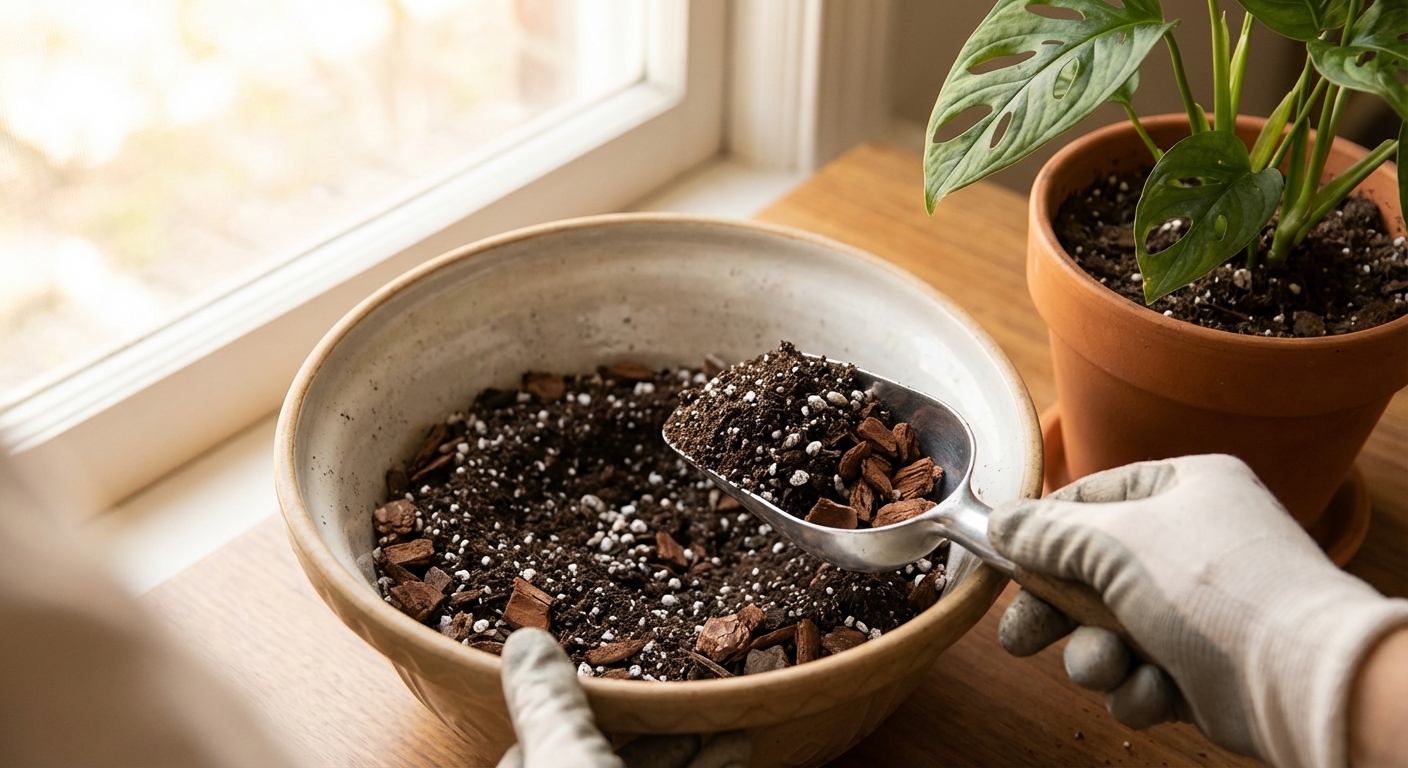 A mixing bowl of potting soil with visible perlite and orchid bark chunks beside a houseplant pot, hands holding a scoop, natural window light, photorealistic gardening photo