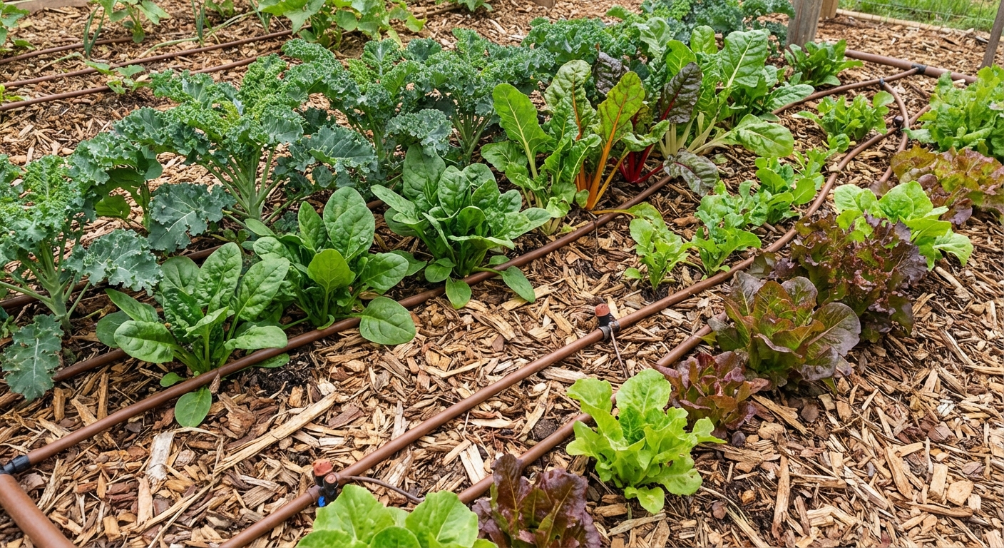 A mulched in-ground vegetable bed with leafy greens and drip irrigation lines running along the soil